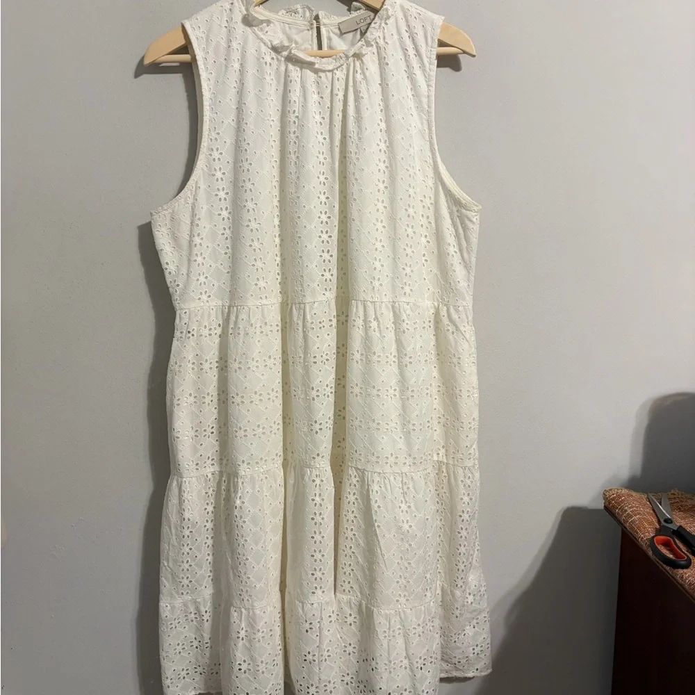 LOFT Eyelet Tiered Swing Dress White Preppy Size XL Lagenlook  Relaxed Fit - Picture 4 of 10